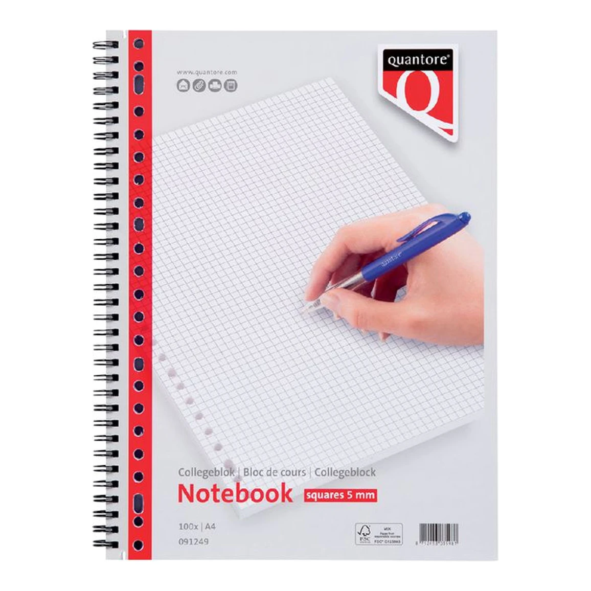 Quantore A4 collegeblok 23-gaats, geruit 5 mm, 70 gr/m² (100 vellen)
