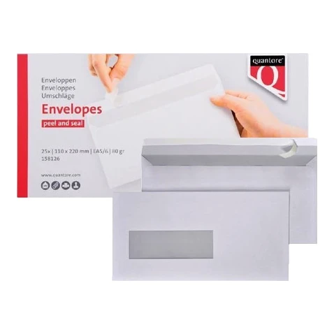 Quantore EA5/6 enveloppen met zelfklevende strip en venster, 110 x 220 mm (25 stuks)