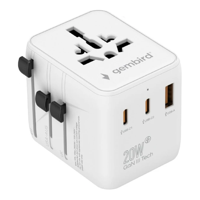 Universele reisstekker 2x USB-C PD + USB-A QC3.0 wit (20W)