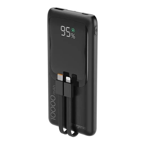 Powerbank snellader 10.000 mAh met USB-A/USB-C kabel zwart (20W)