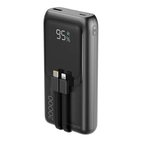 Powerbank snellader 20.000 mAh met USB-A/USB-C kabel zwart (20W)