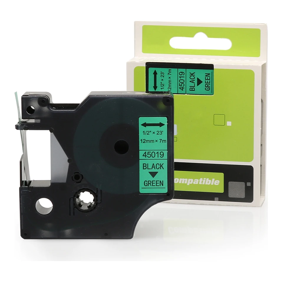 Huismerk Dymo 45019 (S0720590) tape zwart op groen (12 mm)