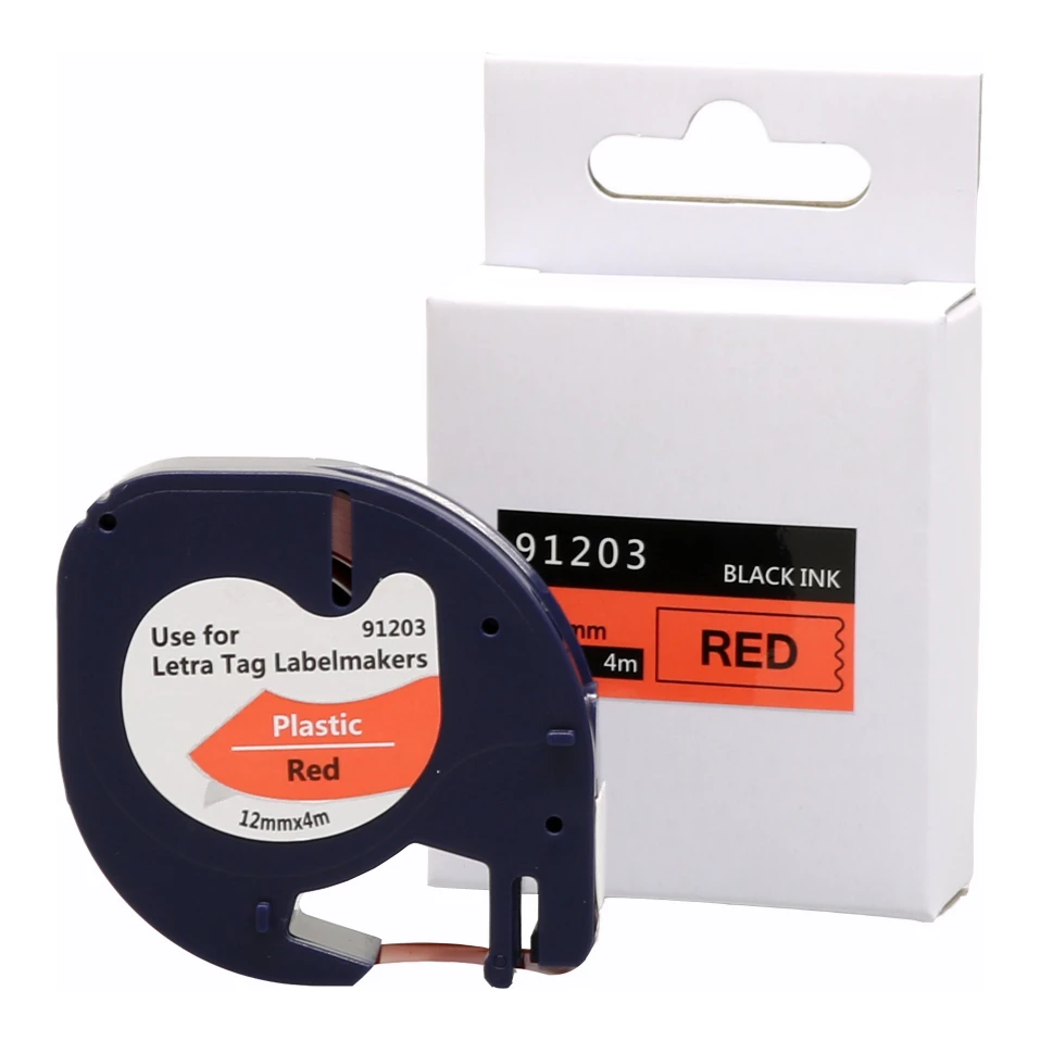 Huismerk Dymo 91203 (S0721630) plastic tape zwart op rood (12 mm)