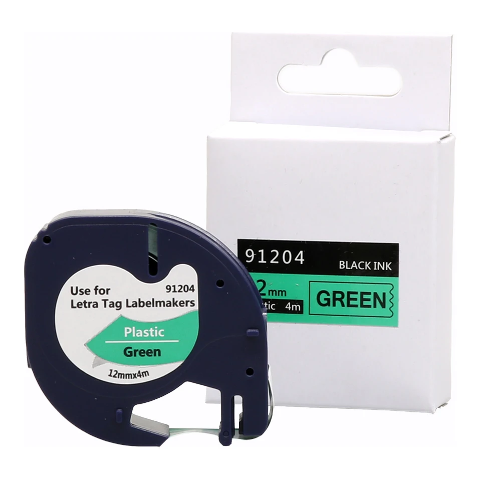 Huismerk Dymo 91204 (S0721640) plastic tape zwart op groen (12 mm)