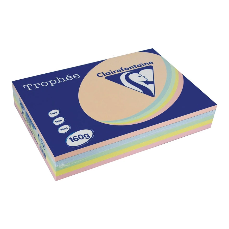 Clairefontaine Trophée pastel A4, 160 gr/m², 5x50 vel, (zalm, blauw, groen, kanariegeel, roze)