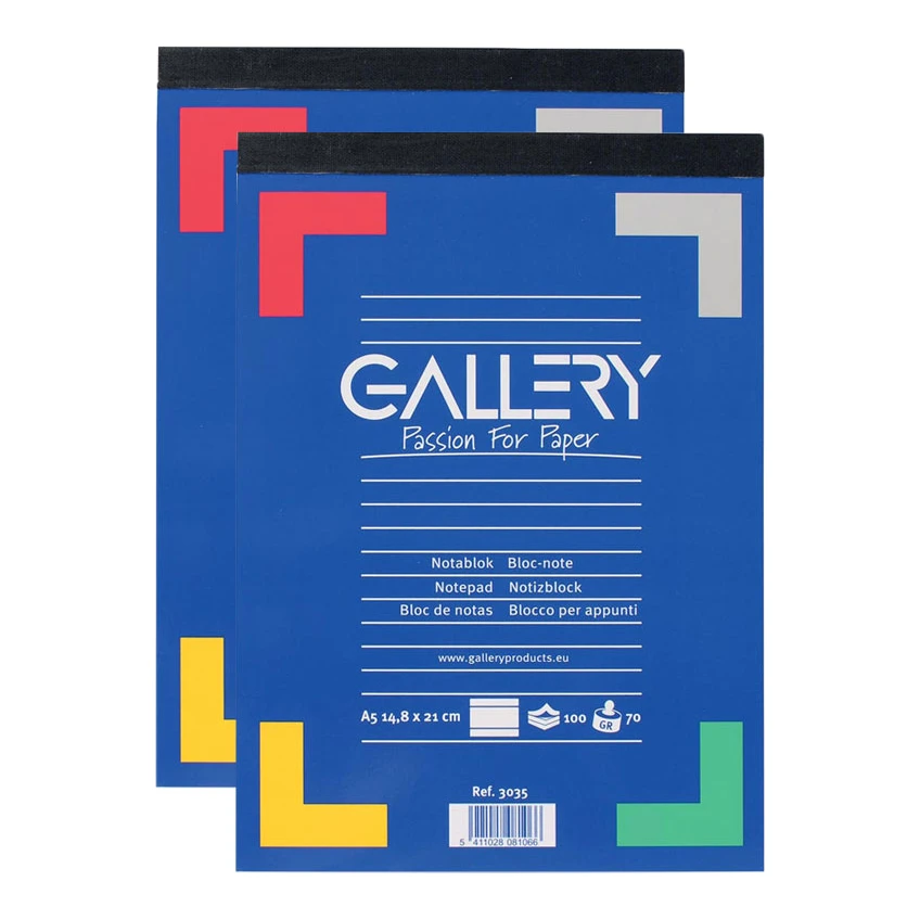 Gallery schrijfblok, A5, gelinieerd, 70 gr/m² (2x100 vellen)
