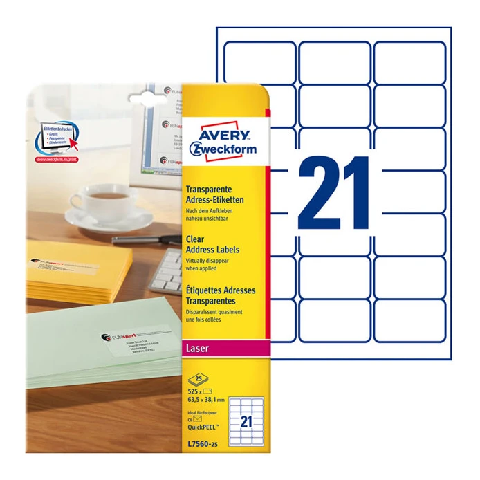 Avery L7560-25 transparante adresetiketten 63,5 x 38,1 mm (525 stuks)