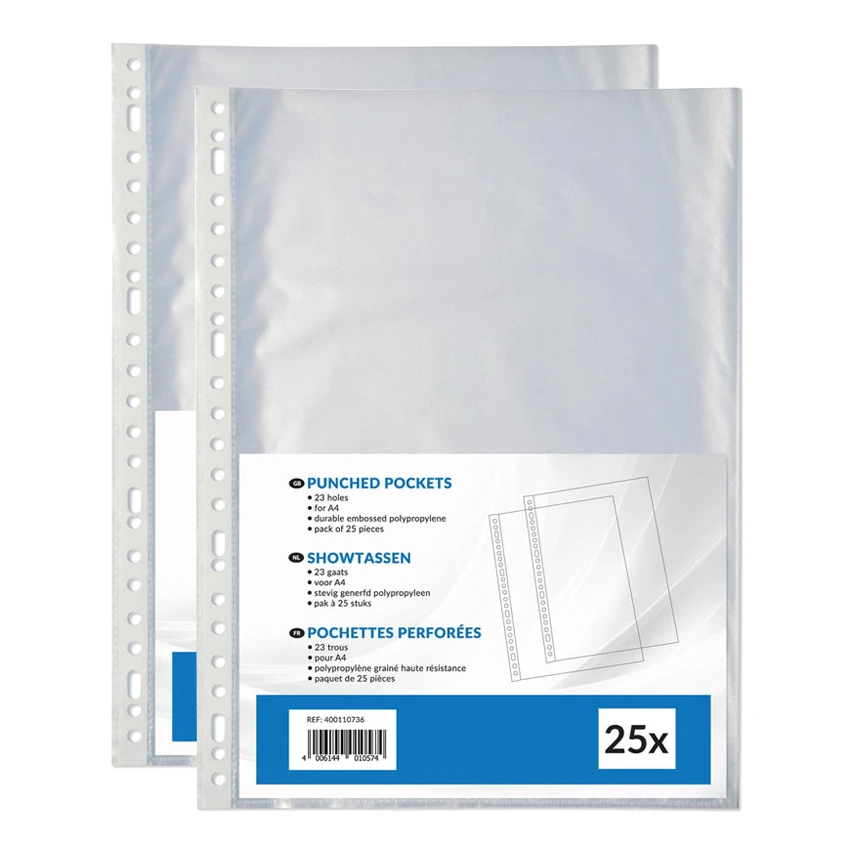 Huismerk A4 insteekhoezen, generfd, 23-gaats, 80 micron (2x25 stuks)