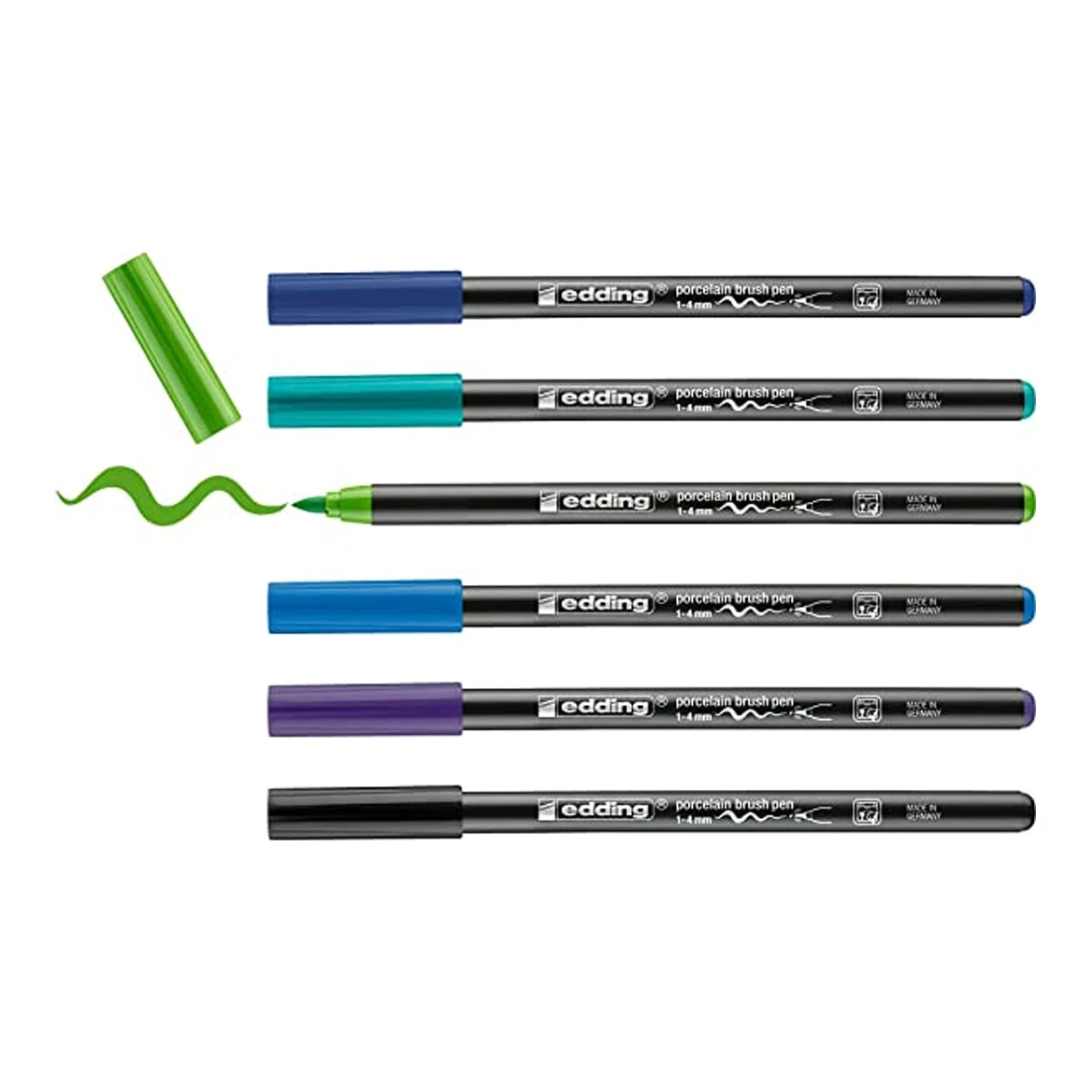 Edding 4200 porseleinstiften, 1-4 mm (straalblauw / turkoois / lichtgroen / lichtblauw / violet / zwart)