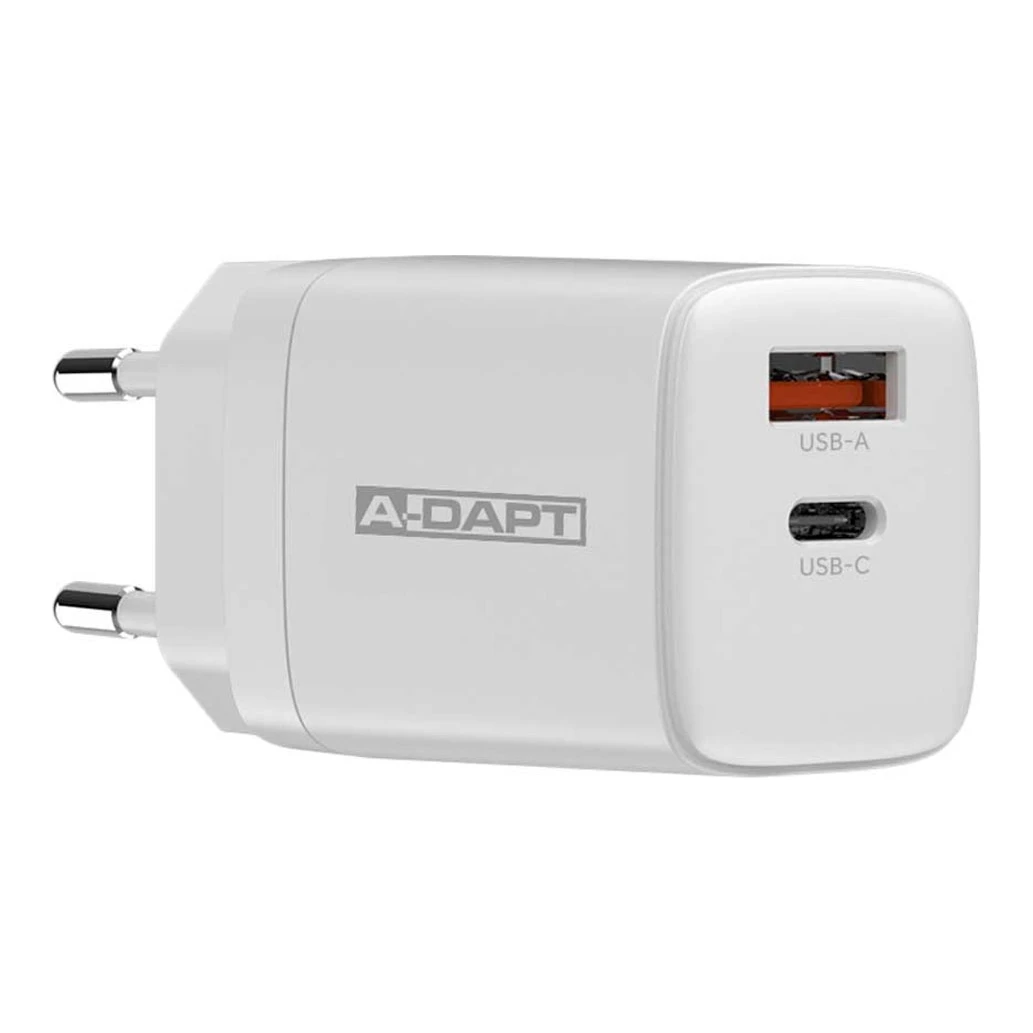 A-DAPT snellader USB-C PD + USB-A QC3.0 wit (20W)