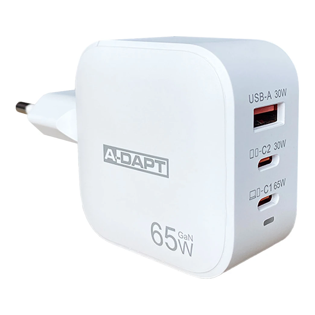 A-DAPT snellader 2x USB-C PD + USB-A QC3.0 wit (65W)